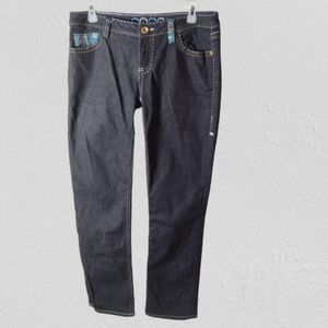 #338 COOIG Dark Wash Blue Mid Low Rise Embroidery Jeans